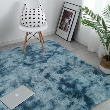 QUINZI М'який килим 160x230 см, високий ворс, сучасний, пухнастий, для спальні, вітальні, дитячої кімнати, з бахромою, нековзний, блакитний