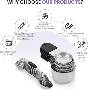 Magnetic Measuring Cup and Spoon Set, Durable 304 Stainless Steel, Double Measuring Markings, 16-Piece Set with Leveler for Measuring Dry and Liquid Ingredients (Color)