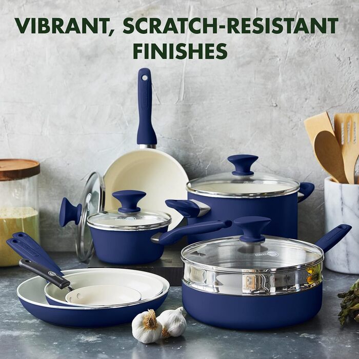 GreenPan Rio 16-Piece Cookware Set, PFOA and PFAS-Free, Healthy Ceramic Non-Stick Coating, Dishwasher Safe, Easy to Clean, Durable Performance, Blue