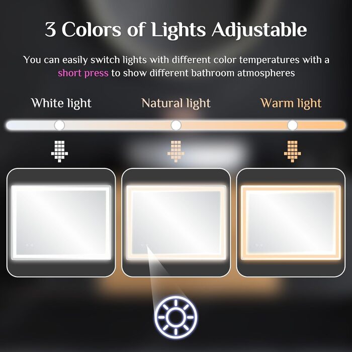 Дзеркало для ванної кімнати Clevich з підсвічуванням 70x50 см, LED дзеркало з 3 кольорами світла, регульована яскравість, захисне скло, сенсорне управління, функція пам'яті, запобігання запотіванню, 80x60 см