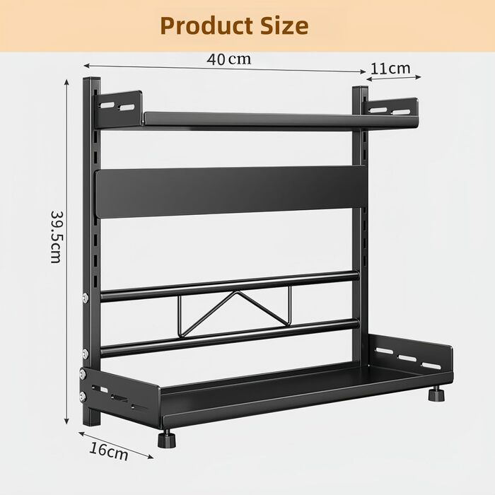 Металевий органайзер для спецій на 2 яруси, регульована висота, з захисним гратом та тримачем для ножів, чорний