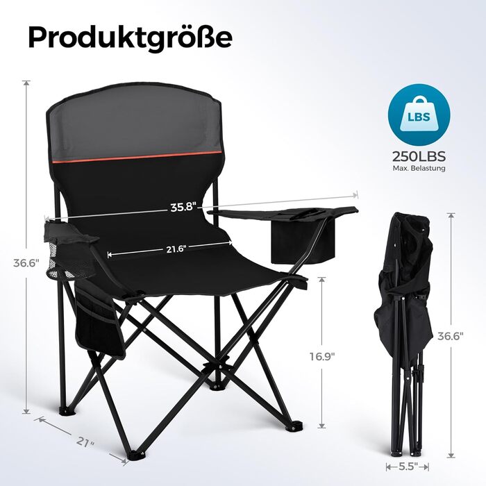 Набір 2 складаних стільців для кемпінгу High Point Sports з підсклянником та охолоджувачем, до 120 кг, чорний