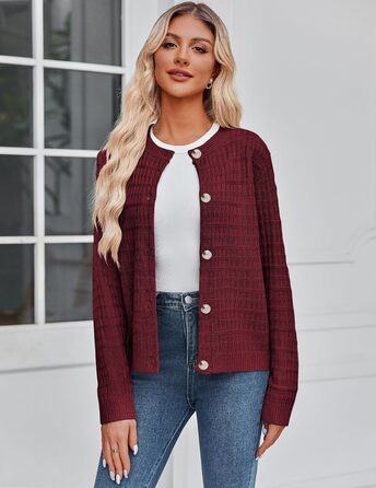Жіноча в'язана жилетка Zeagoo з довгим рукавом, кардиган, круглий виріз, на ґудзиках, відкритий фасон, елегантний светр, жіночі в'язані жилетки, колір: бордовий