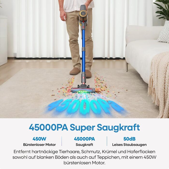 UNINELL HOME Бездротовий акумуляторний пилосос 45000Pa/450W/60Min з LED-дисплеєм, антизаплутана щітка, тихий, для килима, твердих поверхонь та шерсті тварин, блакитний