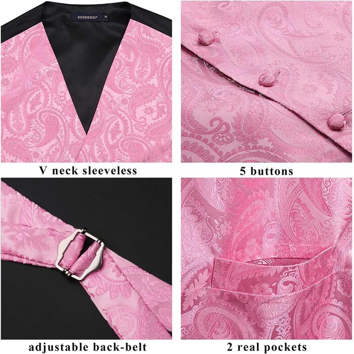 Костюмний жилет для чоловіків HISDERN рожевого кольору з візерунком пейслі, краватка, нагрудна хустинка, кишенькова хустинка, жакет з жаккарда, елегантний костюмний комплект рожевого кольору XL
