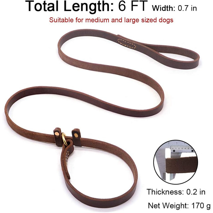 Wellbro Dog Leash made of genuine leather, soft, adjustable pet retriever leash with slider, durable, 1.8 m long x 1.8 cm wide, Brown