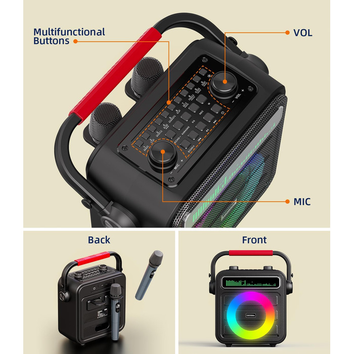 Караоке машина для дорослих та дітей – портативна система з 2 мікрофонами, Bluetooth, TF, USB, AUX, TWS, динамік, чорна