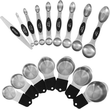 Magnetic Measuring Cup and Spoon Set with Strong Magnets, Durable Stainless Steel Measuring Cup and Spoon Set, Fits Most Kitchen Spice Jars for Baking and Cooking, 15-Piece Set with