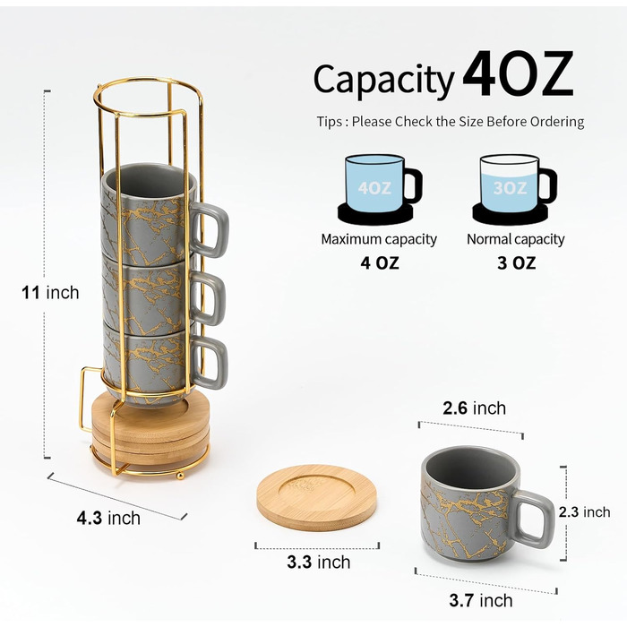 Набір келихів для еспресо LUKA з блюдцем та металевою підставкою (4 шт.), 118 мл, кераміка, мармуровий візерунок білий/сірий