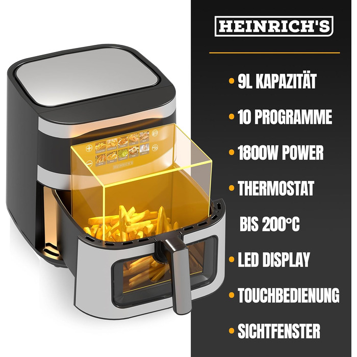 Фритюрниця повітряна HEINRICHS 9L XXL з LED-дисплеєм, 10-в-1, 1800W, без жиру, з таймером, сенсорне управління, для кухні