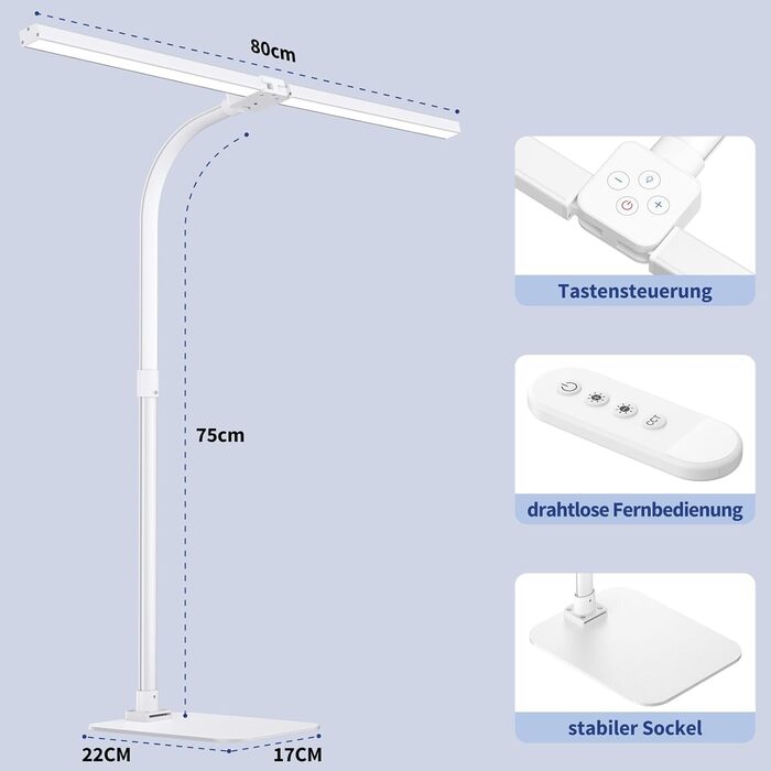 LED лампа для столу Doppelkopf з регулюванням яскравості, 24W, 80 см, денне світло, захист очей, 5 температур кольору, 5 рівнів яскравості, для роботи, дому, офісу, навчання, читання