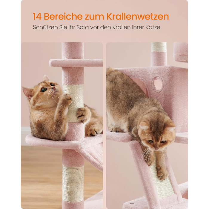 Кігтеточка Feandrea для котів, 206 см, XXL, з 13 кігтеточками, 2 платформами, 2 хованками, кошиком, помпонами, багатоярусна, плюшеве покриття, для дому, кремово-білий колір