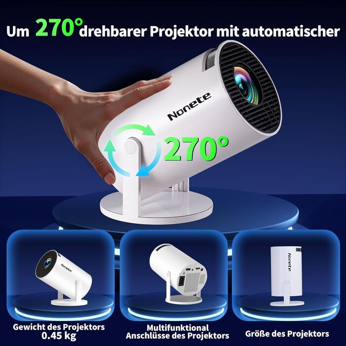 4K проєктор Beamer Full HD 1080P Mini з Wi-Fi 6 та Bluetooth 5.2, Android, портативний, 270° обертання, автоматична корекція трапеції, для PC/HDMI/USB, з мишкою та пультом, білий