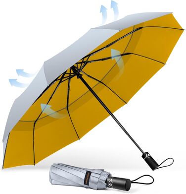 TECKNET Штормовий парасолька: великий автоматичний парасолька з 10 спицями, 104 см, стійкий до вітру, компактний, для подорожей, гольфу, чоловічий та жіночий (сріблястий&жовтий)