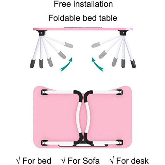 Регульований столик для ноутбука в ліжко, підставка для ноутбука та планшета, складаний столик для дивану, 60 x 40 см, Рожевий