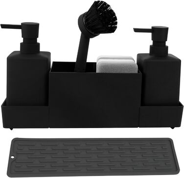 CAUTIOUS 350ML Sink Organizer with Brush, Soap Dispenser Sponge, Kitchen Dish Soap Dispenser Set Made of Plastic, Sink Organizer with Two Soap Dispensers, Kitchen Gadget Organizer (black)