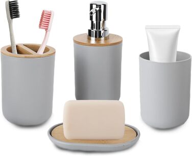 Набір аксесуарів для ванної кімнати на 4 предмети: тримач для зубних щіток, мильниця, дозатор для лосьйону, стакан для ополіскувача, сучасне оздоблення для дому та готелю (сірий)