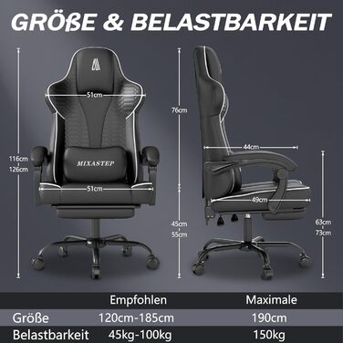 Геймерське крісло Ergonoma з підставкою для ніг, регульоване по висоті, біле - до 150 кг
