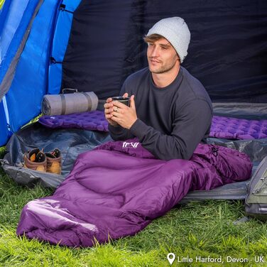 Спальний мішок для дорослих Trail 3 сезони – для кемпінгу, піших прогулянок, подорожей – 300 GSM – з внутрішніми кишенями – фіолетовий