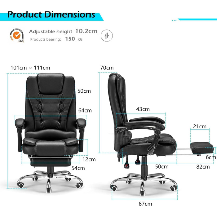 Крісло YODOLLA для офісу, 200 кг, ергономічне, з регульованою спинкою, комп'ютерне, з підніжкою, чорне