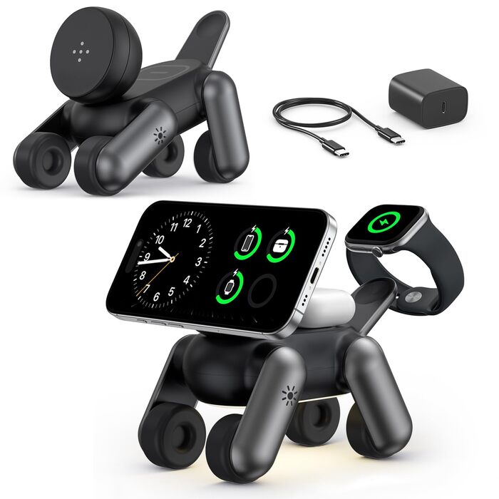 Зарядна станція 3-в-1 для Apple Watch, iPhone 17e/Air/17/16/15/14/13/12, AirPods Pro/2/3 з нічником, чорна. MagSafe сумісність.