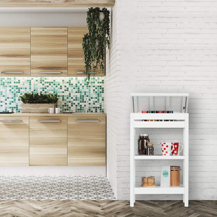 Relaxdays Bamboo Shelf, Standing Shelf with 3 Shelves, HxWxD: 76.5 x 46 x 29.5 cm, Compartment with Flap, Open, Kitchen & Bathroom, (White)