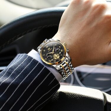 Годинник чоловічий OLEVS з металевим ремінцем, кварцовий, з місячною фазою, хронограф, водонепроникний (2859 Чорний / Двоколірний)