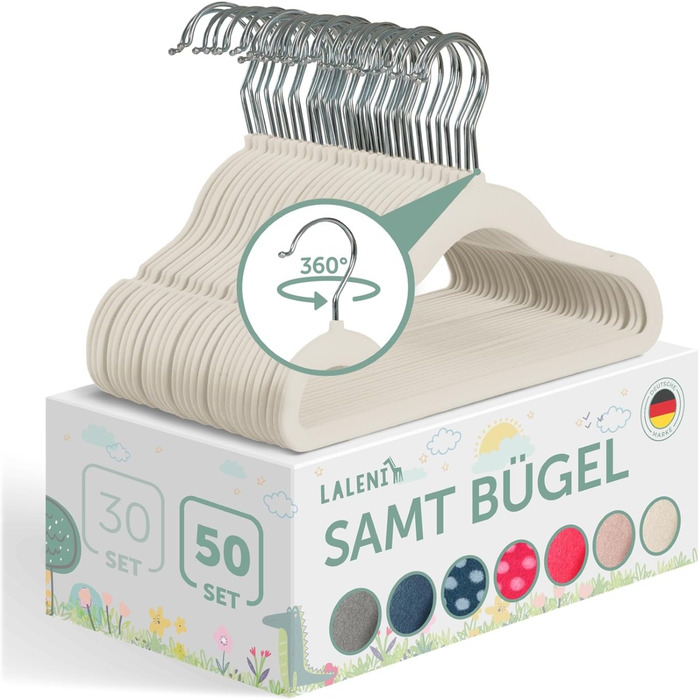 50 шт. дитячі вішалки для одягу Laleni з оксамитовим покриттям - обертаються на 360° - неслизькі, білі, слонова кістка