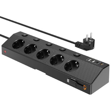 Настільний мережевий фільтр з 5 розетками та 2 USB-C (PD 30W), подовжувач з вимикачем, 4000W, кабель 2м, чорний