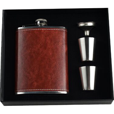Фляга шкіряна 8oz Braun для чоловіків та жінок, комплект з воронкою та 2 склянками, шкіряний чохол, для віскі/водки, ідеально для подорожей та подарунків
