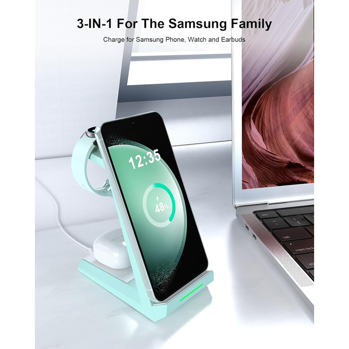 Зарядний пристрій NANAMI 3-в-1 для Samsung Galaxy Watch, Buds та смартфонів S25, S24, S23 Ultra, Z Flip, Z Fold (зелений)