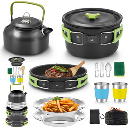 Oushome 16-Piece Camping Cookware Set for 2 People - Portable Cooking Set with Pots, Pans, Kettle, Cups, Plates - Green