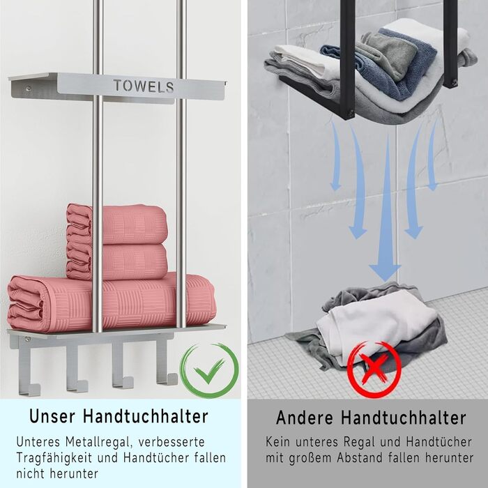 Трирівнева підставка для рушників з металевою полицею та 4 гачками, 86 см, срібна | Підставка для рушників для ванної кімнати