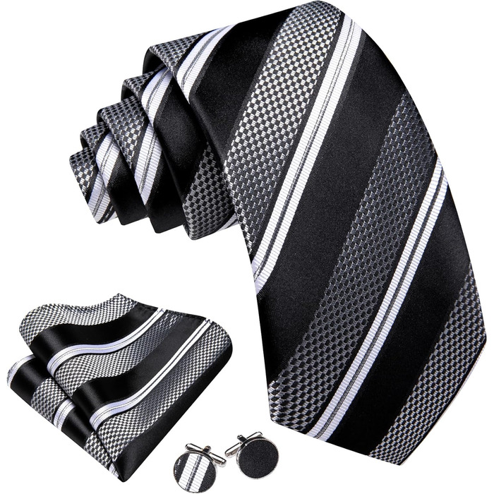 Чоловічий подарунковий набір: краватка в смужку, краватки-кліпса, нагрудна хустинка, манжетні кнопки, подарунок для бізнесу, весілля, свят, чорний, білий, сірий