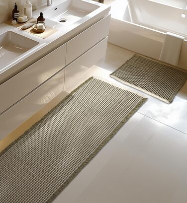 Boho Bathroom Rug Set - Non-Slip Bath Mats 2-Piece Set - Washable Shower Rugs for Bathroom, Bedroom, Living Room - 51x120cm + 41x61cm (Green & White)