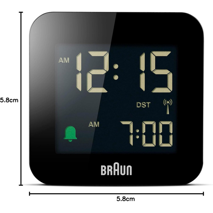 Braun Digital Travel Alarm Clock, Central European Time (CET) zone with snooze function, compact size, negative LC display, crescendo alarm in black, model BC08B-DCF.