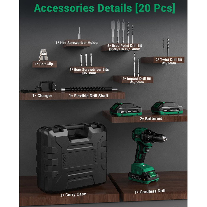 Акумуляторний шуруповерт BETENST 21V: 42Nm, 2.0Ah, 25+3 рівня крутного моменту, 2 швидкості, 10 мм патрон, LED, 30-ти елементний набір для дому, саду, DIY