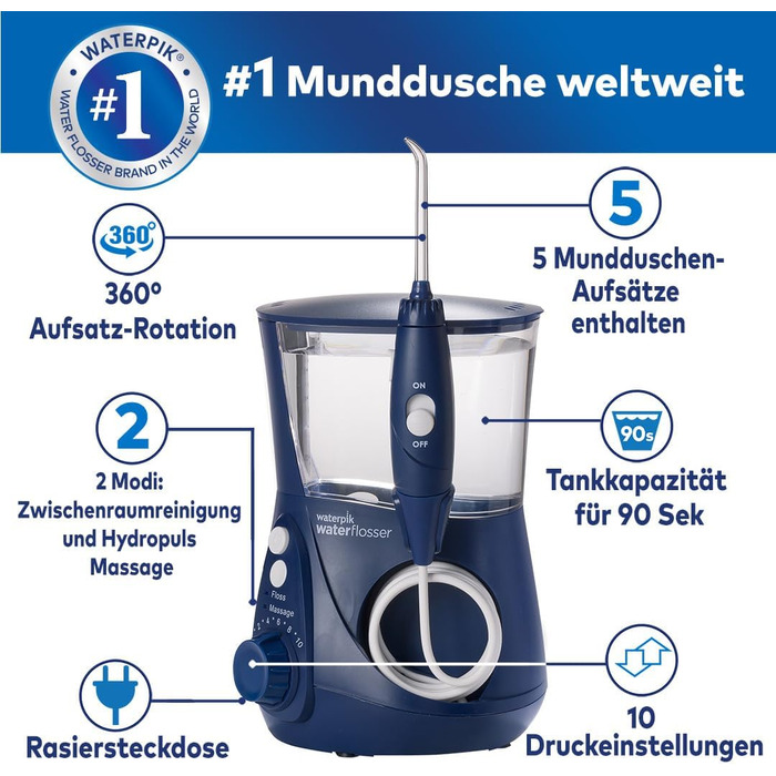 Waterpik Ultra Professional: Іригатор для порожнини рота, тестування 2024, технологія Precision Pulse, сертифікат TÜV, видалення нальоту до 99,9%, 7 насадок, 10 режимів, таймер, блакитний