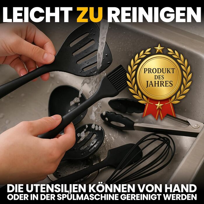 Набір кухонних аксесуарів Retoo з силікону, 10 шт. - кухонне приладдя, посуд, стійкий до високих температур, без BPA, з антипригарним покриттям, ергономічні ручки, придатний для миття в посудомийній машині, з коробкою для зберігання, чорний