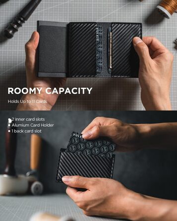 VULKIT Картхолдер Pop-up RFID захист. Шкіряний картник для 11 карток та купюр. Чорний карбон