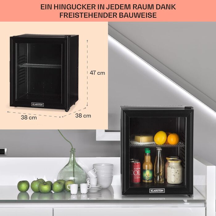 Klarstein 24L Mini Fridge - Compact Refrigerator for Drinks, Snacks & Skincare - Quiet Operation, Adjustable Shelves - Black