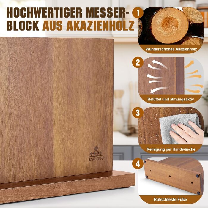 ENOKING Premium Plus Knife Block Magnetic Without Knives 38.6 x 23 cm, Double-Sided Magnetic Knife Holder Made of Acacia Wood, Magnetic Knife Block for Cutlery Display and Storage