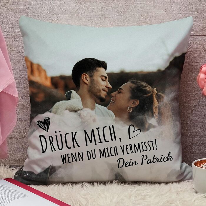 Парні подушки Love Faith Drück Mich 40x40 см – персоналізована диванна подушка з фото та іменем – подарунок для пари, для неї і нього