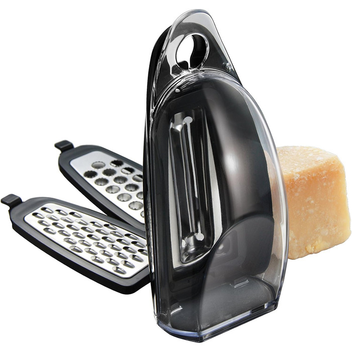 Palm Grater - Comfortable Compact Hand Grater. Vertical and Horizontal Hanging on Hook. Peeler, Slicer, Grater, Zester, All-in-One. Food Storage Compartment. 3 Stainless Steel Blades