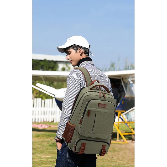 Tzowla Canvas Laptop Rucksack, Sailing Fabric Travel Backpack, Work Travel Bag for Men and Women, Backpack for 15.6-inch Laptop, Book Bag with USB Charging Port (17.3 inch, Green)