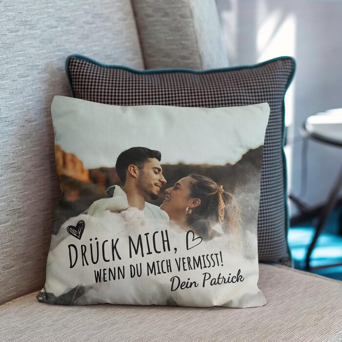 Парні подушки Love Faith Drück Mich 40x40 см – персоналізована диванна подушка з фото та іменем – подарунок для пари, для неї і нього