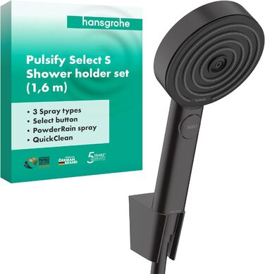 hansgrohe Pulsify Select S Shower Set, showerhead with hose and holder, handheld shower with 3 spray modes Relaxation, Matte Black