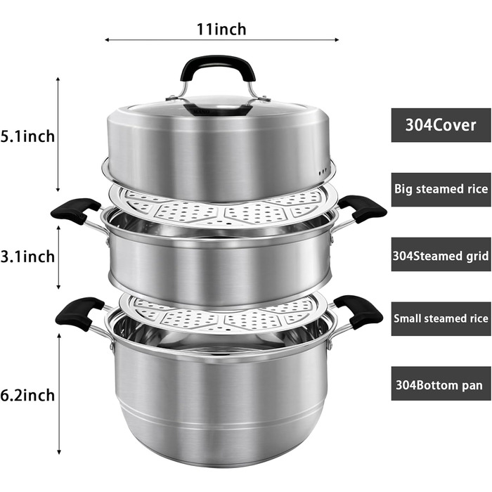 Пароварка MANO, 30 см, з нержавіючої сталі, 2-ярусна, для овочів, м'ясних продуктів та соусів