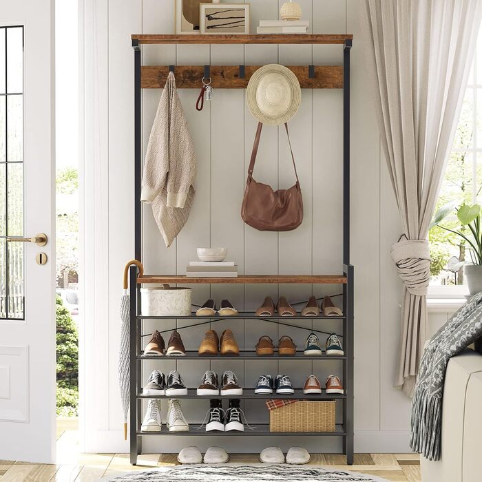 HOOBRO Coat Rack, 5-Tier Shoe Shelf, Wardrobe, Clothes Rack with 5 Removable Hooks, Top Shelf, Entryway, Living Room, Vintage Brown-Black EBF74MT01