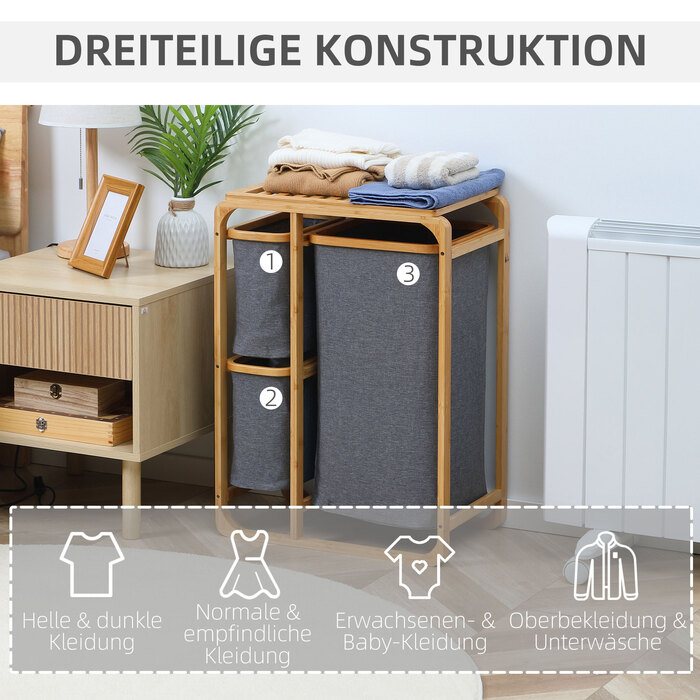 Корзина для білизни HOMCOM з платформою, бамбуковий контейнер для білизни з 3 знімними мішками для білизни, сортувальник білизни, сірий+натуральний, 50x32x69,7 см | Aosom